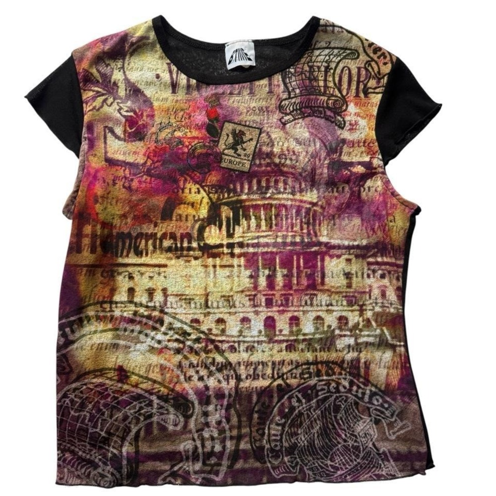 Vintage European Graphic Mesh Top Oversized‎ Y2K Artsy Sheer Tee XL vintage